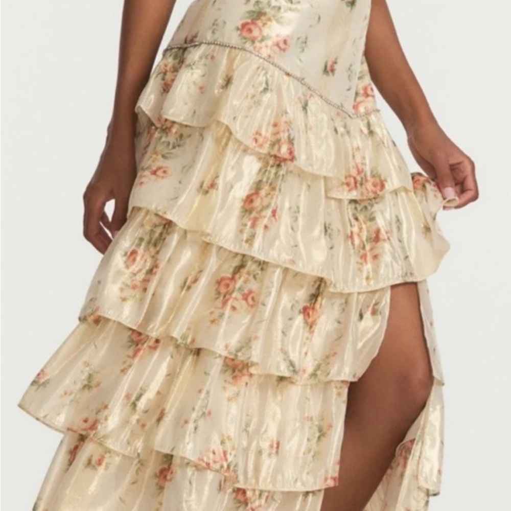 LoveShackFancy Gold Floral Ruffle Tandy Skirt
